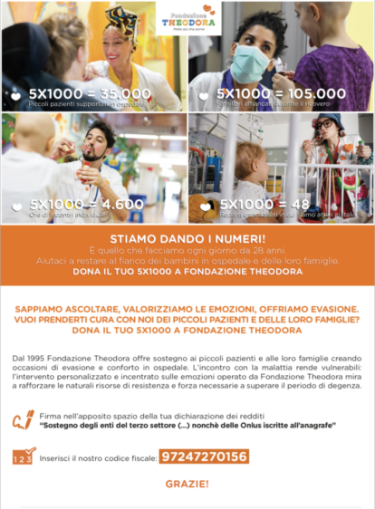 Dona il tuo 5 x 1000 a Fondazione Theodora! Inserisci il nostro codice fiscale: 97247270156
